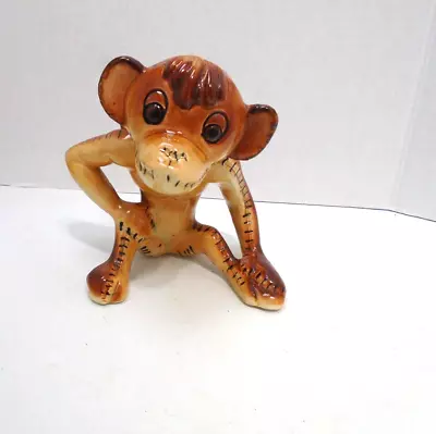 Vintage Ceramic Glazed Monkey Planter Stitched Sitting Long Tail 2 Tone Chimp • $45.99