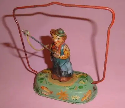 RARE FISHING FRED W/ ROD TIN LITHO WIND-UP TOY U.S. ZONE GERMANY 1950's WORKS! • $225