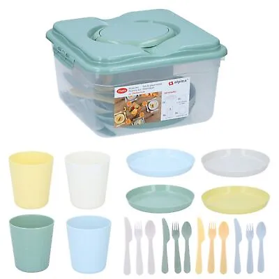 21Pcs Plastic Plates Cups Cutlery Set Picnic BBQ Camping Storage Box Handle • £9.79