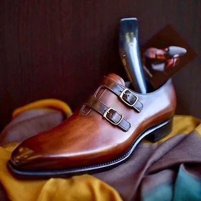 Handmade Men's Brown Cowhide Leather Double Monk Plain Chisel Toe Dress Shoes • $129.99