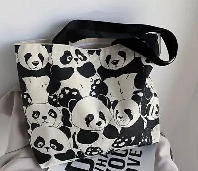 Panda Pattern Canvas Shoulder Bag Large Capacity Tote Bag • £10.49