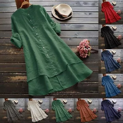 Plus Size Women Cotton Linen Baggy Shirt Dress Ladies Tunic Dress Midi Dress US • $20.32