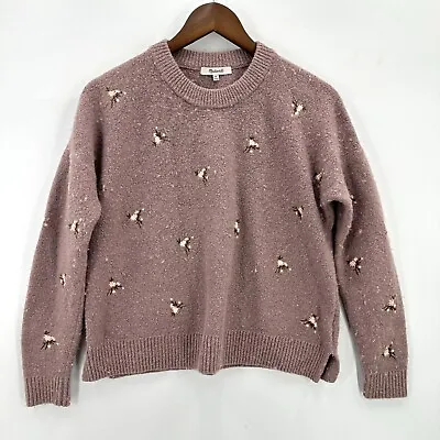 Madewell Sweater Womens Pullover Knit Round Neck Embroidered Flowers Pink XS • $12.59