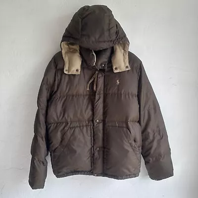 Vintage Polo Ralph Lauren Brown Puffer Jacket Removable Hood Mens Size Small • $54.88