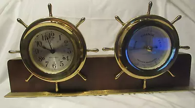 Vintage Seth Thomas Helmsman Brass Ships Clock & Barometer Mahogany Stand • $450