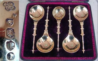 Antique Serving Ladles Spoons Gilt Sterling Silver Fitted Box Victorian Set(725) • $2500