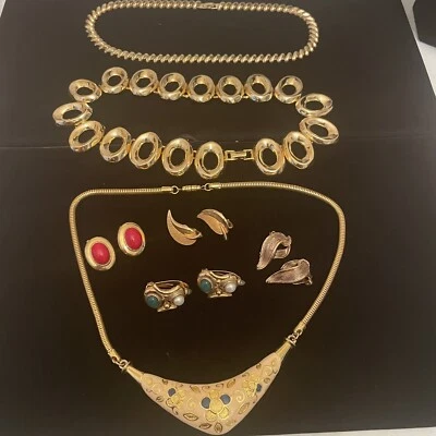 $34.99 • Buy VTG NOW Mixed Costume Jewelry Lot GoldTone EARRINGS & NECKLACES Cabochons Enamel