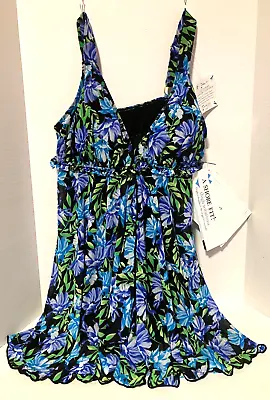 NWT A Shore Fit Size 8 Skirted Swimsuit Black Purple Blue Green Floral Design • $12.98
