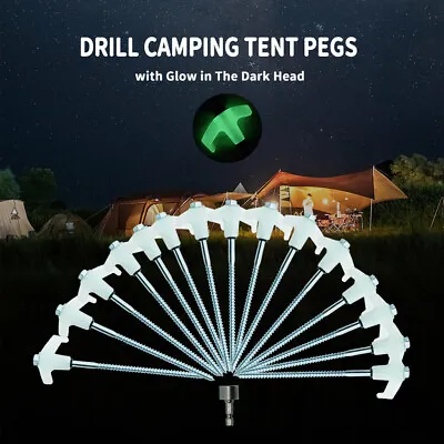 $26.49 • Buy 15x Heavy Duty Steel Screw / Drill Camping Tent Pegs With Glow In The Dark Head