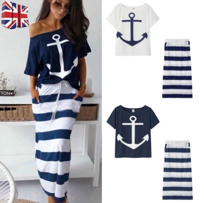 £15.95 • Buy Womens Striped Two Piece Sailor Top And Long Maxi Dress Skirt Set Summer Casual 