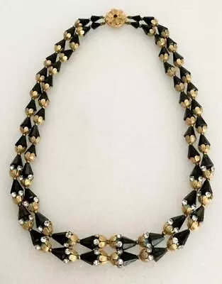 Double Strand Jet Black Turquoise Bead Rhinestone Goldtone Necklace • $19.95