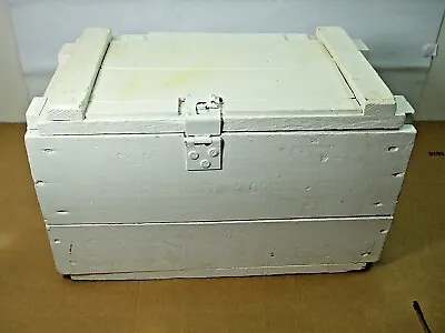 Vintage Solid Wood Military Storage Crate 1954 White Paint Chest Hinged Handles • $79.95