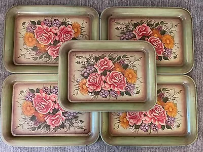 Vtg Metal Serving Trays Green Pink Roses Floral TV/Lap Tray Set Of 5 MCM • $42.98