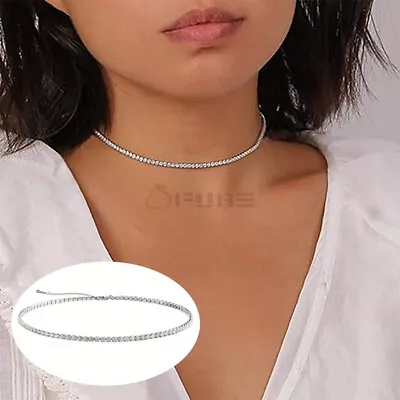 Choker Tennis Chain Necklace Cubic Zirconia Iced Out Sterling Silver Jewellery • £4.99