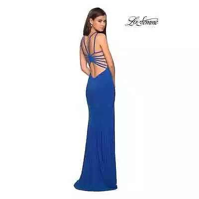 LA FEMME NEW $318 V-Neck Strappy Open Back Maxi Gown Royal Blue 27072 Size 4 • $40