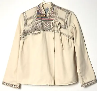 Lucky Brand Jacket Womens Small Ivory Short Wrap Embroidered Mandarin Collar • $19.97