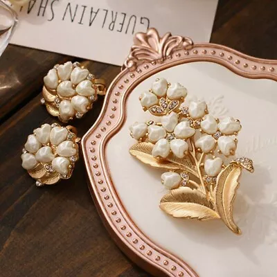 Vintage Lily Flower Pearl Brooch Earring Woman Party Lily Of The Valley Flower • $6.29