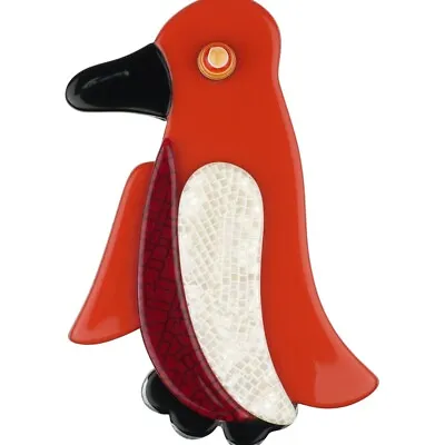 LEA STEIN Brooch Penguin In Red White & Black Acetate Handmade In Paris France • $145