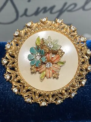 Vintage Signed FLORENZA  Flowers  Brooch  Gold Tone Enamel And Rhinestone • $30