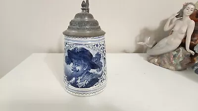 German Royal Bonn Delft Blue Cavalier Transferware Ceramic Lidded Stein • $40