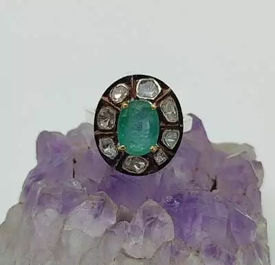 Natural Emerald Gemstone Polki Diamond Ring Handmade 925 Sterling Silver Ring • $81.99