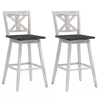Costway Set Of 2 Bar Stools Swivel Pub Height Chairs W/ Rubber Wood Legs White • $154.49