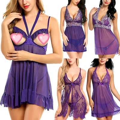 $12.99 • Buy Women-Sexy-Lingerie-Babydoll-Sleepwear-Underwear-Chemise-Teddy-Pajama-Set-Purple