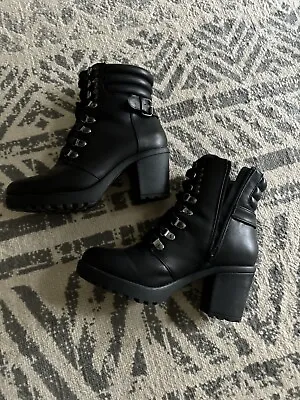 MIA Anna Maria Combat Boots Sz 8 Lug Sole Black Zip Lace Up 3  Heel • $25