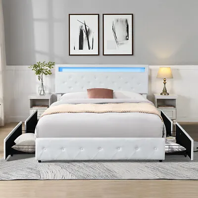 Levede Queen Bed Frame RGB LED PU Leather Mattress Base 4 Drawer USB Charge • $359.99