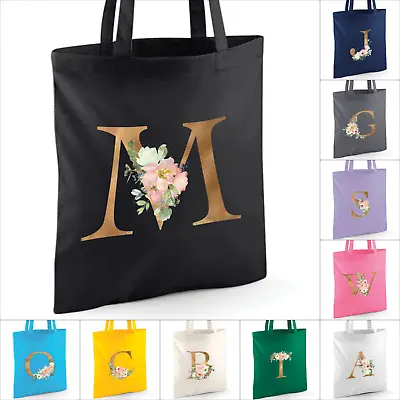 Personalised Floral Gold Initial Tote Bag. Custom Printed Cotton Shopping Gift • £7.69