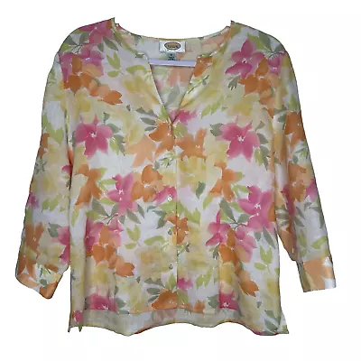 Talbots Womens Blouse Top Floral Linen 8 Button Front Boho Lagenlook Vintage • $25