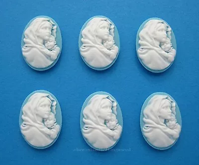 6 White On BABY BLUE Mother Holding Child 25mm X 18mm Costume Jewelry CAMEOS • $3.09