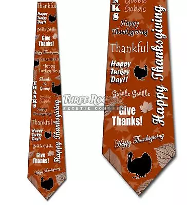 Happy Thanksgiving Turkey Leaves Collage- Burnt Orange- Mens Tie New • $18.75