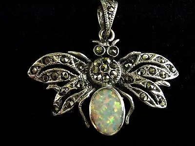 Sterling Silver Gilson Fire Opal Marcasite Insect Moth Bee Bug Pendant Vintage • $44.20