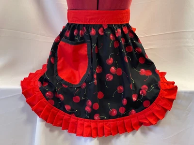 £19.99 • Buy RETRO VINTAGE 50s STYLE HALF APRON / PINNY - CHERRIES On BLACK With RED TRIM