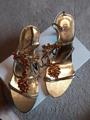 Bnwt Womens Stiletto Size 6 Uk Gold Shoes By Shalimar Bejewelled Decoration • £15