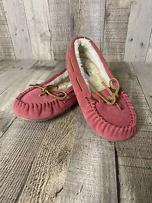 PINK Minnetonka Girl's 3 Suede Leather Moccasins Slippers Fur Lined Rubber Sole • £12.16