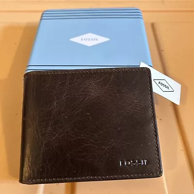 New Brown Leather Metal Box Fossil Men’s Bi Fold Wallet Rfid • $35