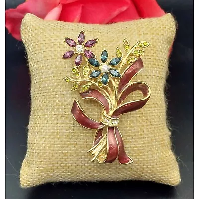Monet Flower Bouquet Brooch Crystal Enamel Ribbon Gold Tone 2.25  Long • $14.99