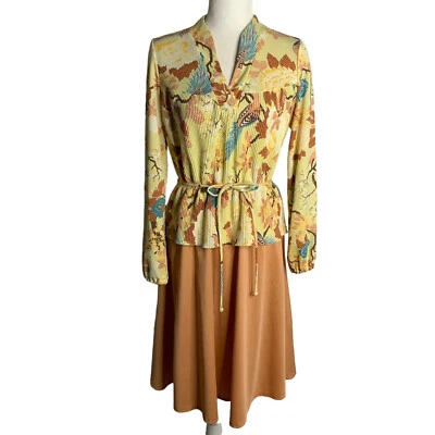 $59.96 • Buy Vintage 80s Accordian Pleated Peplum Dress M Yellow Birds V Neck Tie