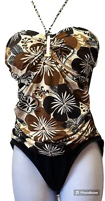 La Blanca Womens Size 12 Swimsuit Brown Floral One Piece Halter Neck Ruched • $14.87