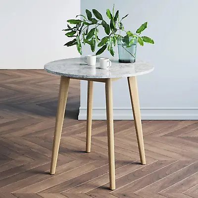 Round Bistro Dining Table With Legs In Tan Wood Finish And Faux White Marble Top • $161.99