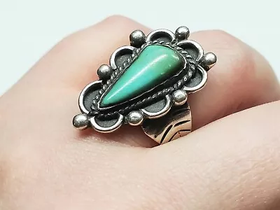 Vintage Navajo Sterling Silver Green Turquoise Leaf Sides Signed BP Ring Jewelry • $69.99