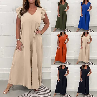 Women V Neck Ruffle Jumpsuit Wide Leg Palazzo Loose Playsuit Romper Pants Size • £15.69