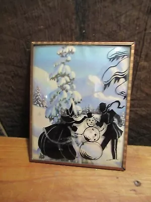 Vintage Convex Silhouette Reverse Paint Picture-Man And Woman Building A Snowman • $9.99