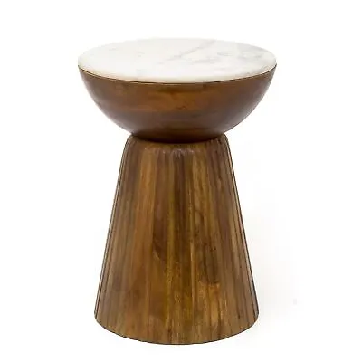 Mango Wood And Marble Side Table | White Marble And Wood Pedestal Table - 53cm • £99.99