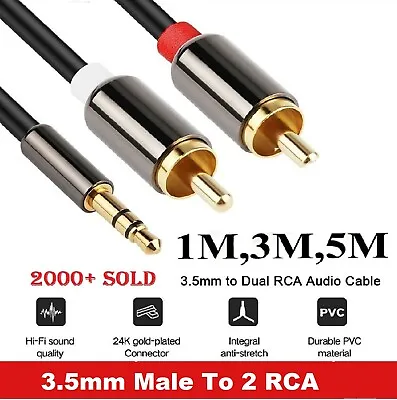 3.5mm Male To 2 RCA M/M Y Cable Aux Jack Premium Gold Plated DVD TV Audio Stereo • $26.99