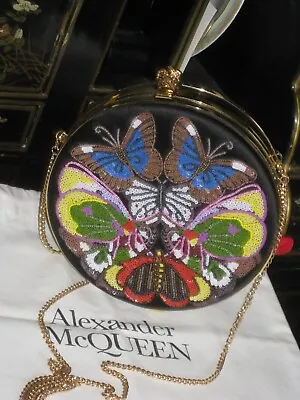 Authentic ALEXANDER McQUEEN Round Skull Black Satin Sequin Butterfly Bag • $698