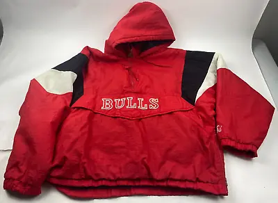 VTG Starter Chicago Bulls Red 1/2 Zip Pullover Parka Jacket Jordan Era Men's XL • $59.49