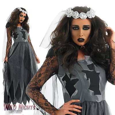 Halloween Ladies Black Corpse Bride Fancy Dress Costume Size 8-30 • £27.95